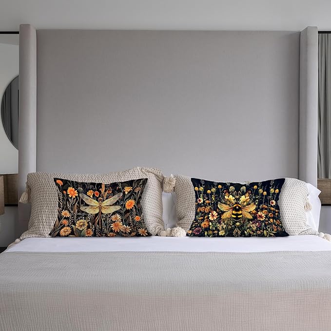 Moody Vintage Dragonfly Bee Floral Pillow Covers 12x20 Set of 2, Dark - Image 4