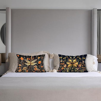 Moody Vintage Dragonfly Bee Floral Pillow Covers 12x20 Set of 2, Dark - Image 4