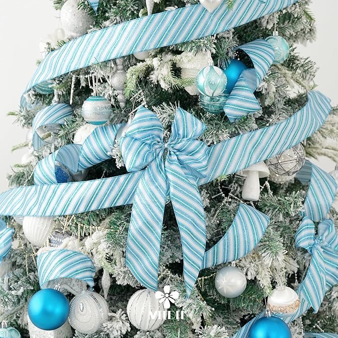 MEEDEE Blue Diagonal Stripe Ribbon 2.5 Inch Blue Satin - Image 6