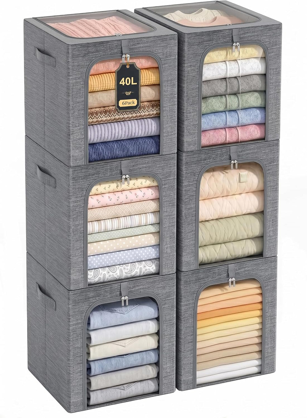 GoMaihe Clothes Storage Bins with Metal Frame for Closet, 40L 6-Pack Grey