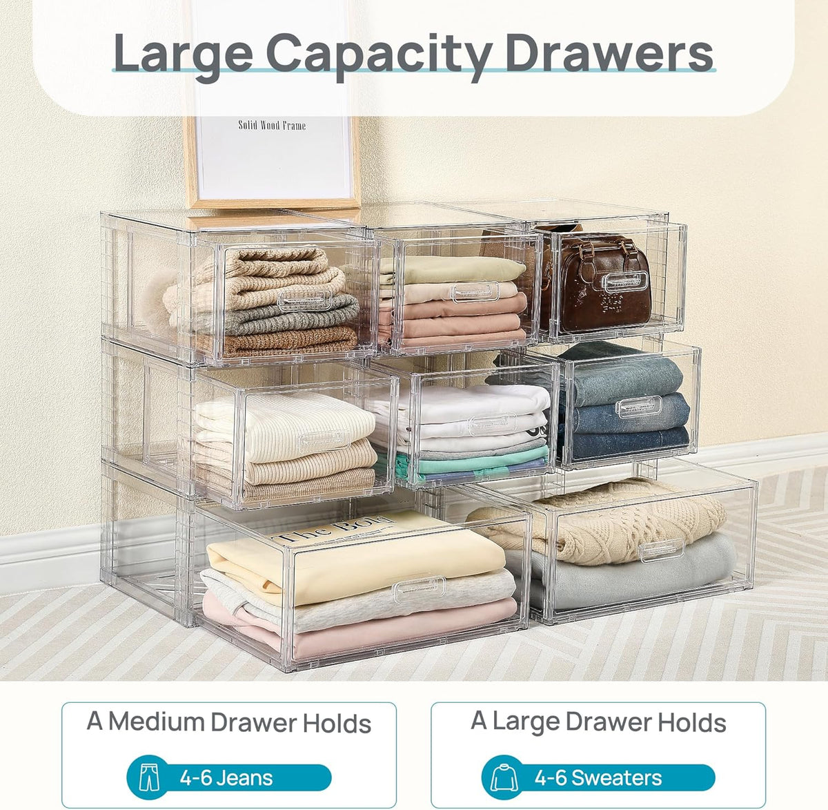 vtopmart 4 pack clear stackable closet storage drawers, front angle view