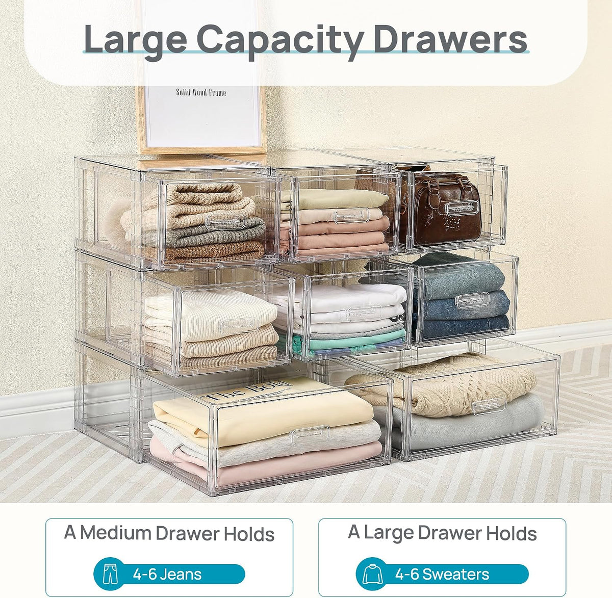 vtopmart 4 pack clear stackable closet storage drawers, front angle view