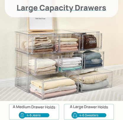 vtopmart 4 pack clear stackable closet storage drawers, front angle view