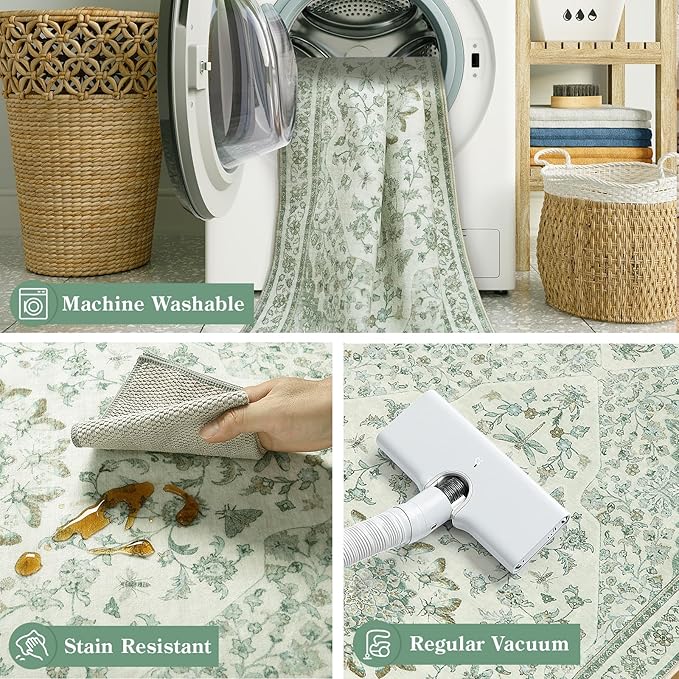 Moynesa Green 2.5x8 Hallway Runner Rugs, Vintage Floral Print Washable Runner - Image 6