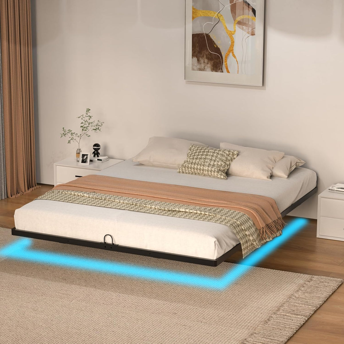 floating bed frame with smart led lights metal, main product view