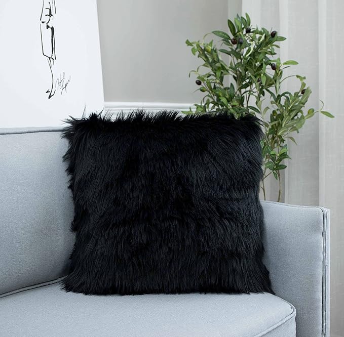 LIGICKY Set of 2 Decorative Black Fluffy Throw Pillow Cover Faux Fur Shams - Image 2