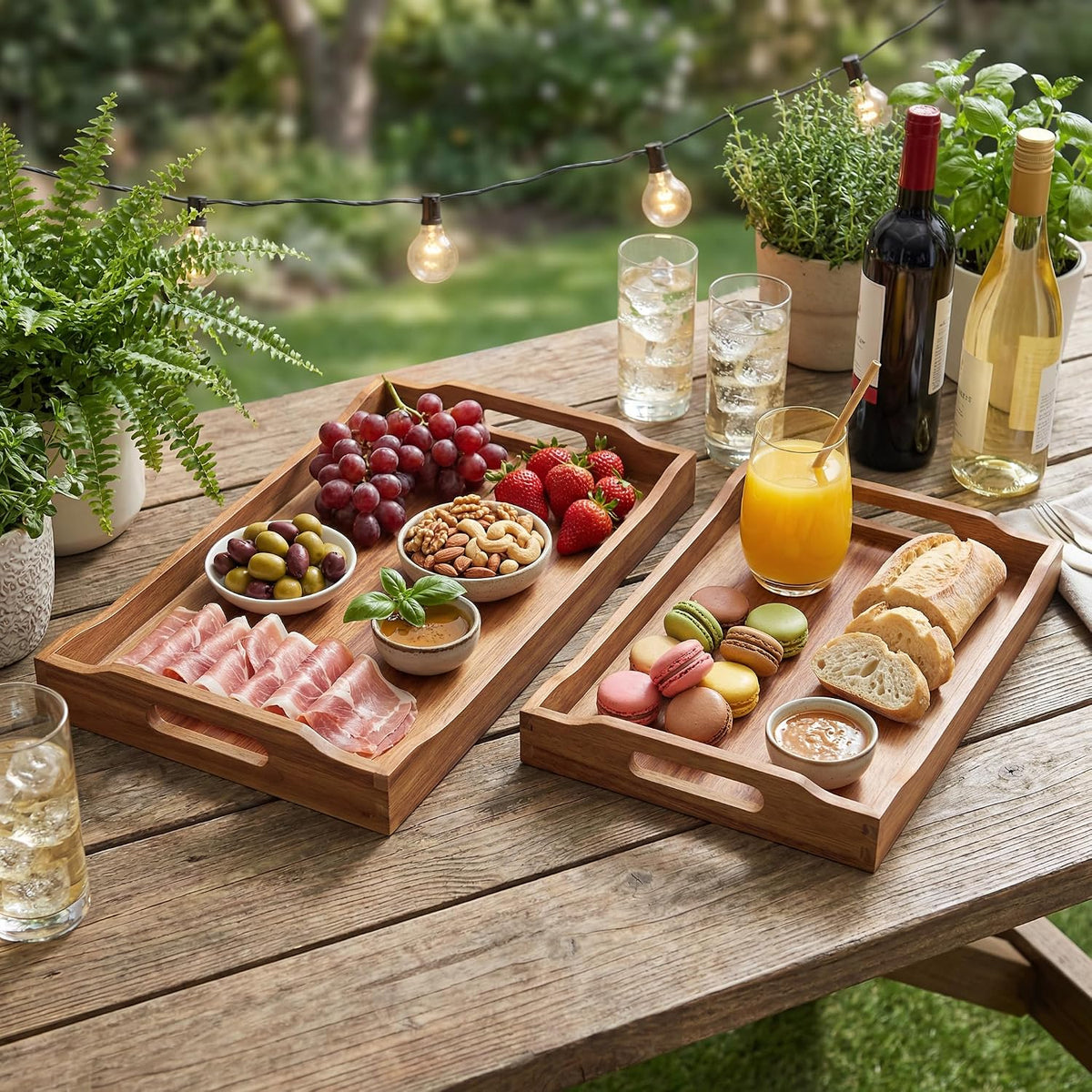acacia wood serving tray set of 2 with, front angle view