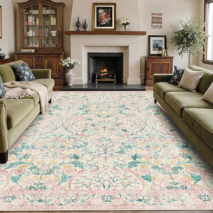 MUJOO Pink Washable Rugs 8x10, Floral Area Rug by MUJOO