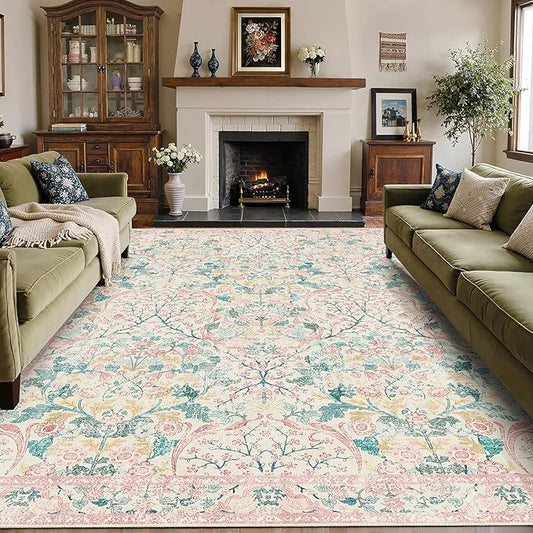 MUJOO Pink Washable Rugs 8x10, Floral Area Rug by MUJOO