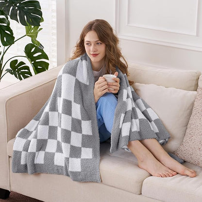 Joiedomi Throw Blanket for Couch, Light Grey Checkered Knitted Blankets Gifts - Image 3