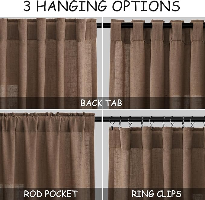 Nanspring Caramel Brown Linen Curtains 63 Inches Length 2 Panels Set - Image 2