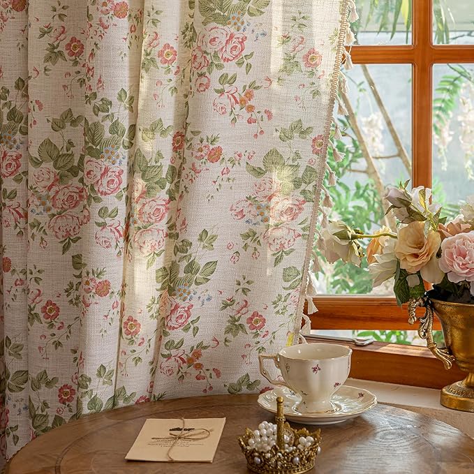 ENJOYBRIDAL Pink Floral Curtains 96 Inch Long Bedroom Semi Sheer Drapes Living - Image 6