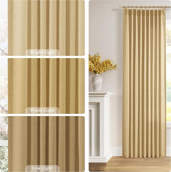Gold Pinch Pleated Linen Curtains 90 Inch Length 2 Panels - Image 4