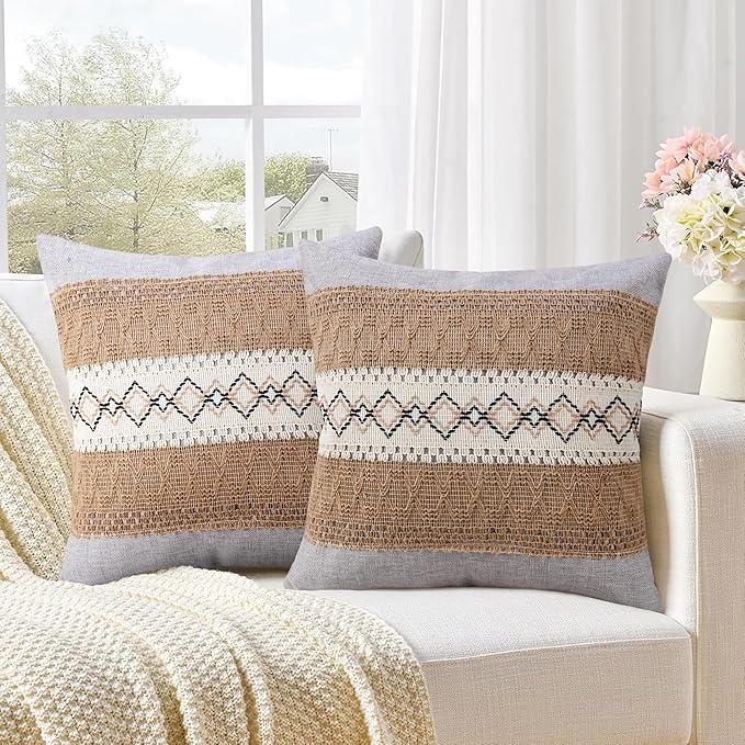 Pyonic Pack of 2 Boho Throw Pillow Covers 18x18 Inch Farmhouse Decorative Throw by PyonicThrowPillowCovers