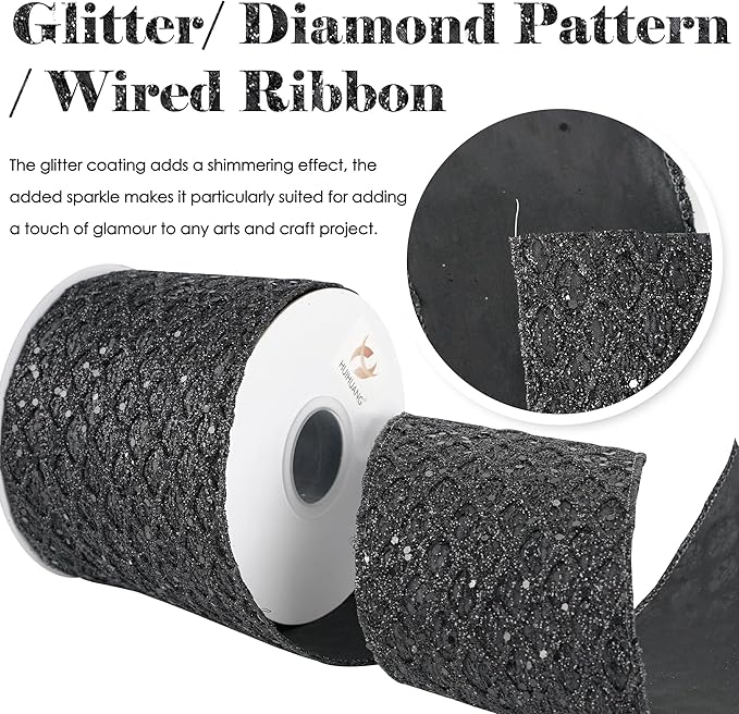 HUIHUANG Black Glitter Wired Ribbon 4 inch Black Christmas Tree Ribbon Diamond - Image 2