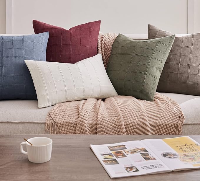 ZeeMart Linen Checked Throw Pillow Covers Set of 2, 18x18 Inch Allover Grid - Image 6