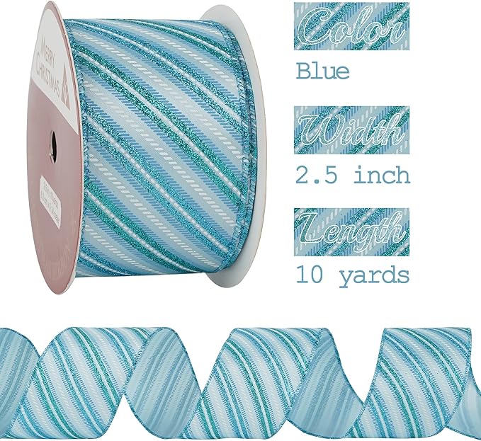 MEEDEE Blue Diagonal Stripe Ribbon 2.5 Inch Blue Satin - Image 2