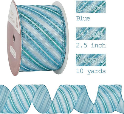 MEEDEE Blue Diagonal Stripe Ribbon 2.5 Inch Blue Satin - Image 2