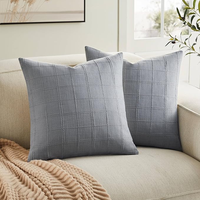 ZeeMart Linen Checked Throw Pillow Covers Set of 2, 24x24 Inch Blue Ashes/Cream by ZEEMARTONLINE