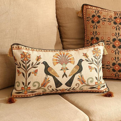 Brown Throw Pillow Covers, Floral Farmhouse Birds Flower Pattern Linen Accent - Image 2