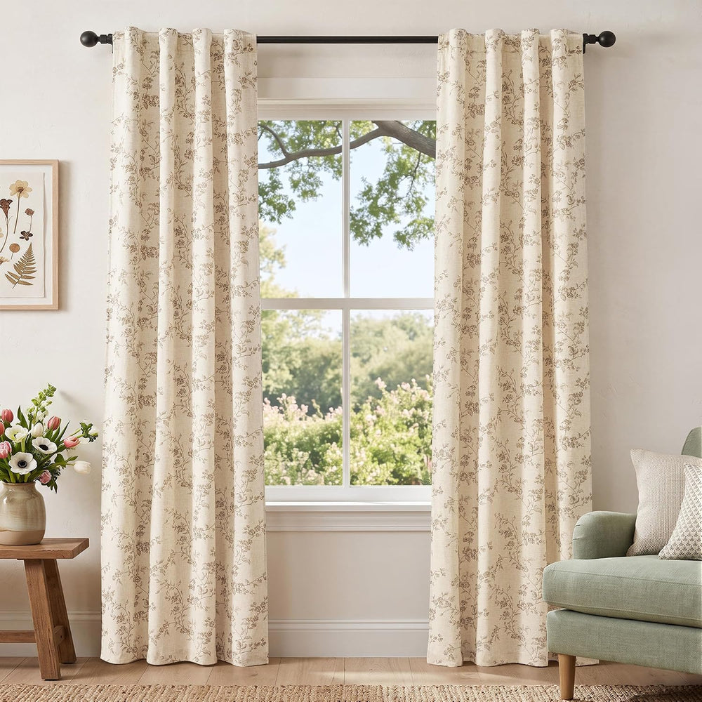 jinchan Linen Blackout Curtains Taupe Floral 84 Inch Back Tab 2 Panels