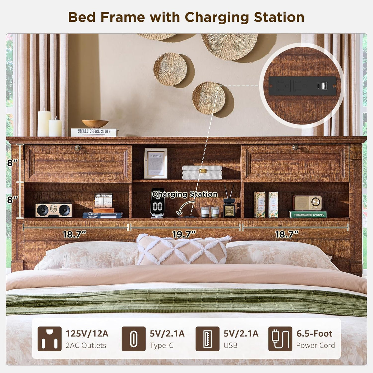 farmhouse queen size bed frame with 54" tall showing dimensions