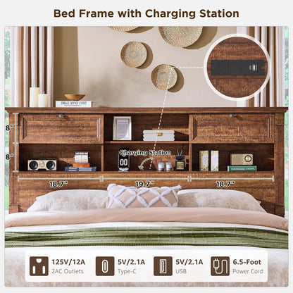 farmhouse queen size bed frame with 54" tall showing dimensions