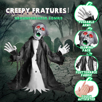 Halloween Animatronic Zombie Groundbreaker Decoration, 2.3 FT Motion & Sound Activated Scary Outdoor Prop with Light-Up Eyes for Yard, Lawn, Patio & Haunted House