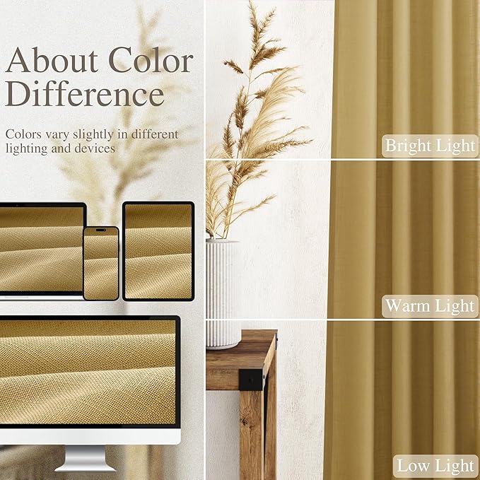 Nanspring Linen Curtains Semi Sheer Gold 96 Inches Long 2 Panels Set - Image 3