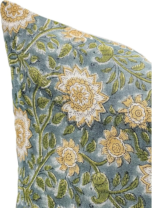 Designer Floral on Natural Linen Pillow Cover | Blue Green and Mustard Pillow - Image 5