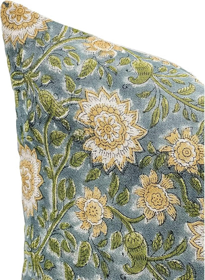 Designer Floral on Natural Linen Pillow Cover | Blue Green and Mustard Pillow - Image 5