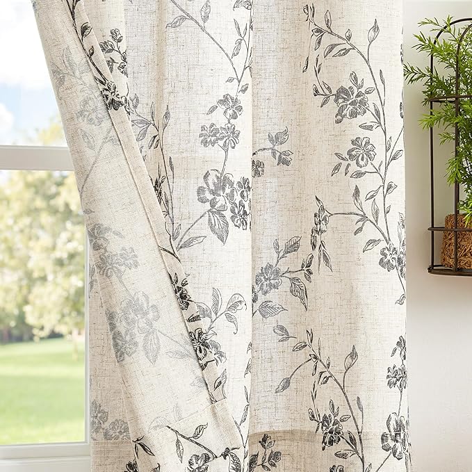 jinchan Floral Kitchen Curtains 54 Inch Linen Tier Curtains Farmhouse Cafe Half - Image 3
