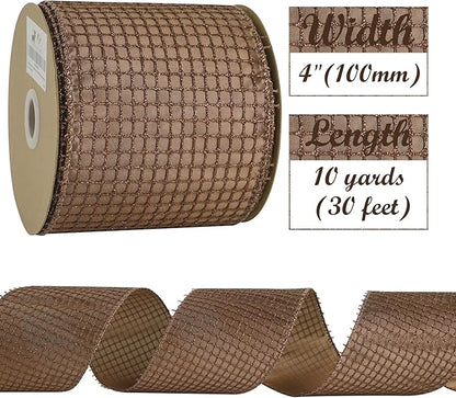 HUIHUANG 4" Brown Glitter Christmas Ribbon Wired Bronze Square Mesh Wire Ribbon - Image 2