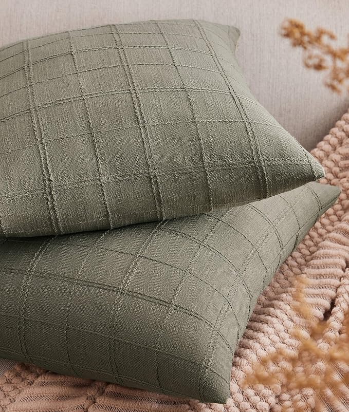 ZeeMart Linen Checked Throw Pillow Covers Set of 2, 20x20 Inch Allover Grid by ZEEMARTONLINE