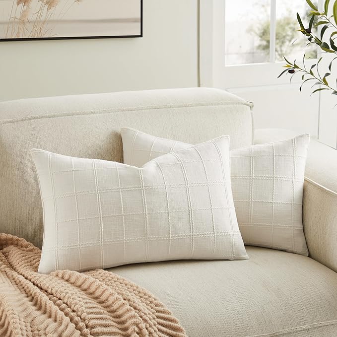 ZeeMart Linen Checked Lumbar Throw Pillow Covers Set of 2, 12x20 Inch by ZEEMARTONLINE