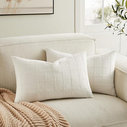 ZeeMart Linen Checked Lumbar Throw Pillow Covers Set of 2, 12x20 Inch by ZEEMARTONLINE