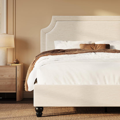 sha cerlin queen chenille upholstered platform bed frame, front angle view