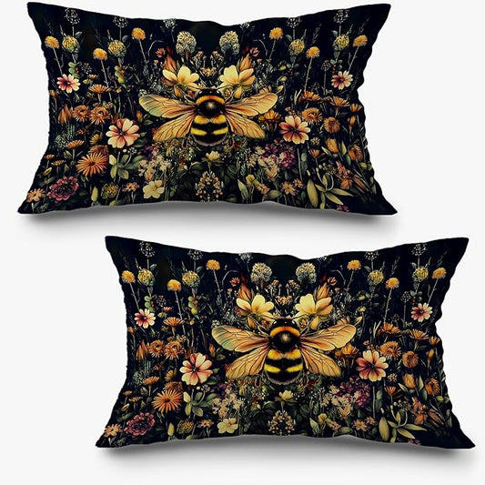 Vintage Moody Floral Bumblebee Pillow Covers 12x20 Set of 2, Dark Cottagecore by Exqcom