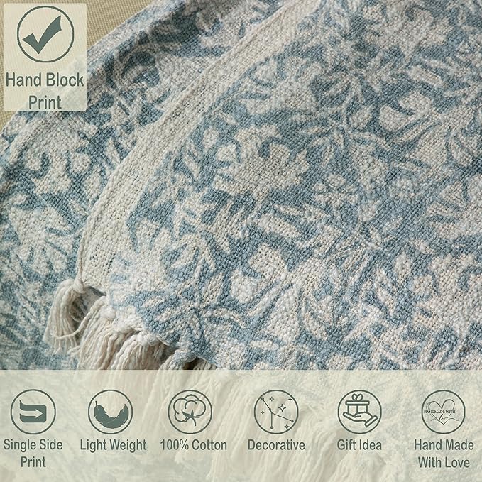 100% Pure Cotton Handblock Printed Throw Blanket, Soft 50" x 60" Fringed Floral - Image 2