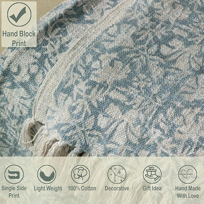 100% Pure Cotton Handblock Printed Throw Blanket, Soft 50" x 60" Fringed Floral - Image 2