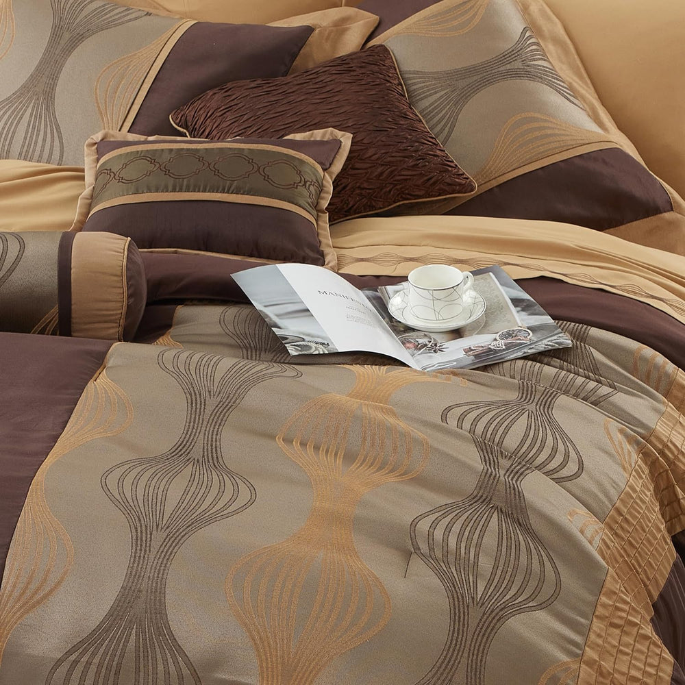 Elagant Jacquard Brown Comforter Set, Size California King, 7 Piece Bed in a ...