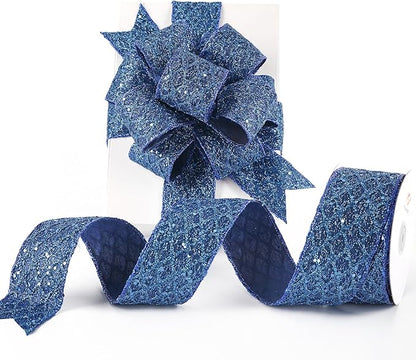HUIHUANG Navy Blue Wired Ribbon 2.5 inch Glitter Diamond Mesh Wire Edge Ribbon - Image 9
