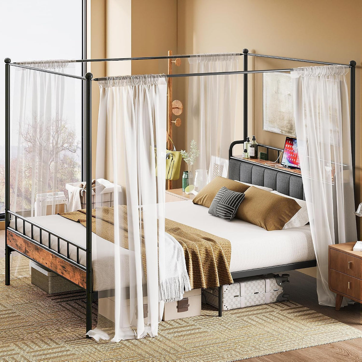 likimio full canopy bed frame, storage headboard with showing dimensions