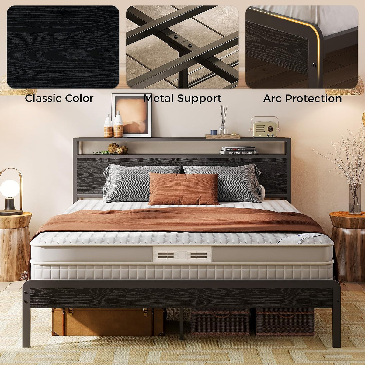 likimio queen bed frame with 2-tier storage shelf, package contents