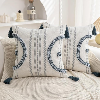 Boho Throw Pillow Covers 18x18 Set of 2 Cotton Woven Tufted Farmhouse Pillows by PLEPATE