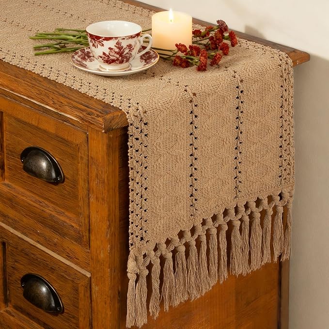 FEXIA Brown Table Runner Boho Burlap Coffee Table Runner by FEXIA