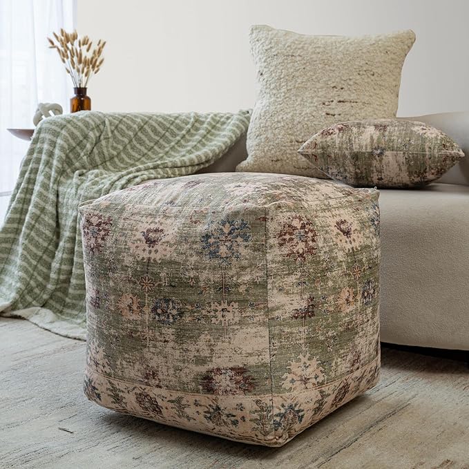 LR Home Grace Vintage Floral Sage Green Square Indoor Medium Pouf Ottoman | by L.+R.+Resources%2C+Inc.