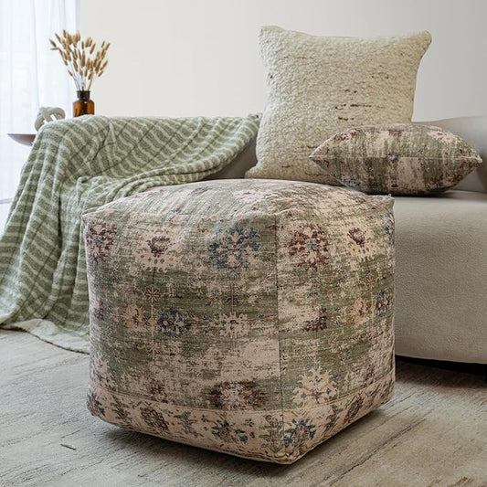 LR Home Grace Vintage Floral Sage Green Square Indoor Medium Pouf Ottoman | by L.+R.+Resources%2C+Inc.