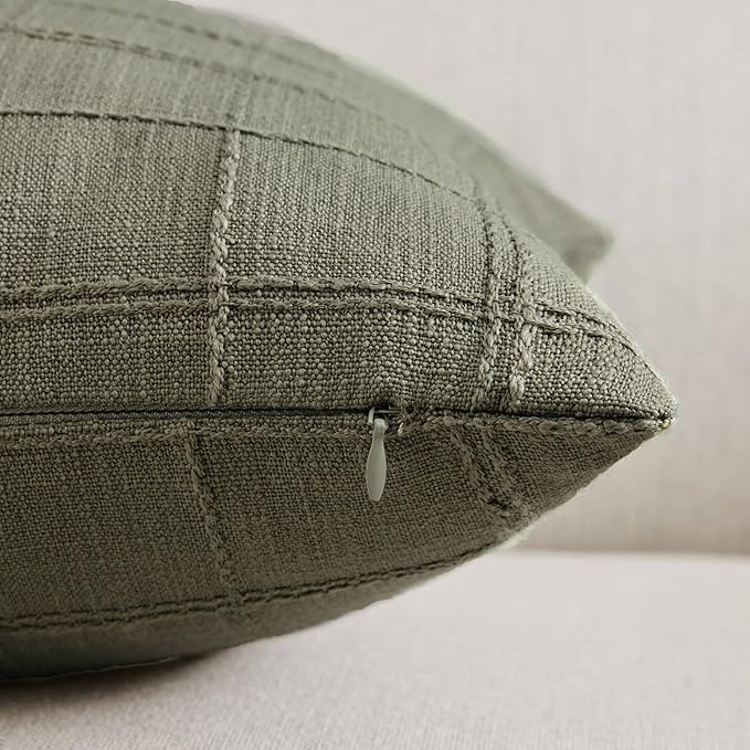 ZeeMart Linen Checked Throw Pillow Covers Set of 2, 24x24 Inch Allover Grid - Image 2