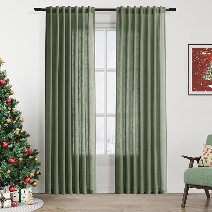 Christmas Olive Green Linen Curtains 84 Inches Long by Nanspring